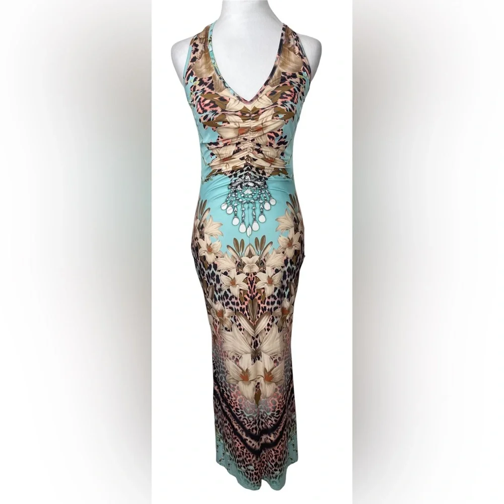 Venus Tropical Floral Leopard Print V-Neck Bodycon Halter Maxi Dress Sm Resort - Picture 2 of 13